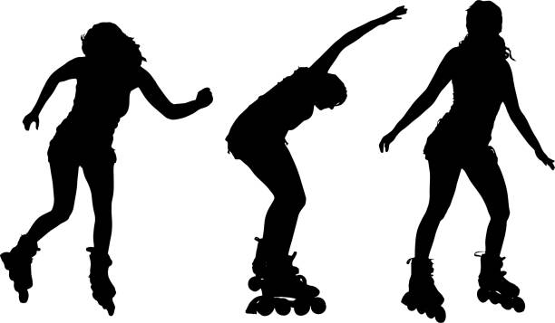 ilustrações, clipart, desenhos animados e ícones de vetor silhueta de uma mulher na montanha anda de skate. - no rollerblading