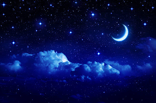 Romantic sky night for Valentine background starry sky with half moon in scenic cloudscape crescent photos stock pictures, royalty-free photos & images