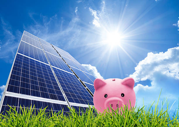 concetto di risparmio con fotovoltaici - solar energy currency energy green foto e immagini stock