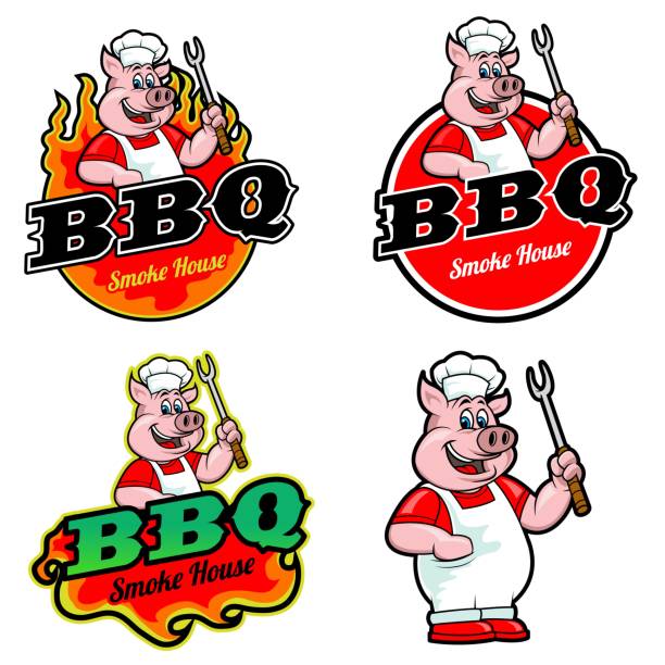 Pig BBQ Mascot a set of cute vector pig bbq mascot illustration designs. EPS 10 and hi-res jpg included  chef cooking flames stock illustrations