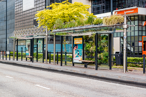 Eindhoven, Netherlands- May 24, 2015: The green bus stop was created as part of a competition organized by the Municipality of Eindhoven back in 2009. The bus station was featured during 2009 Dutch Design Week