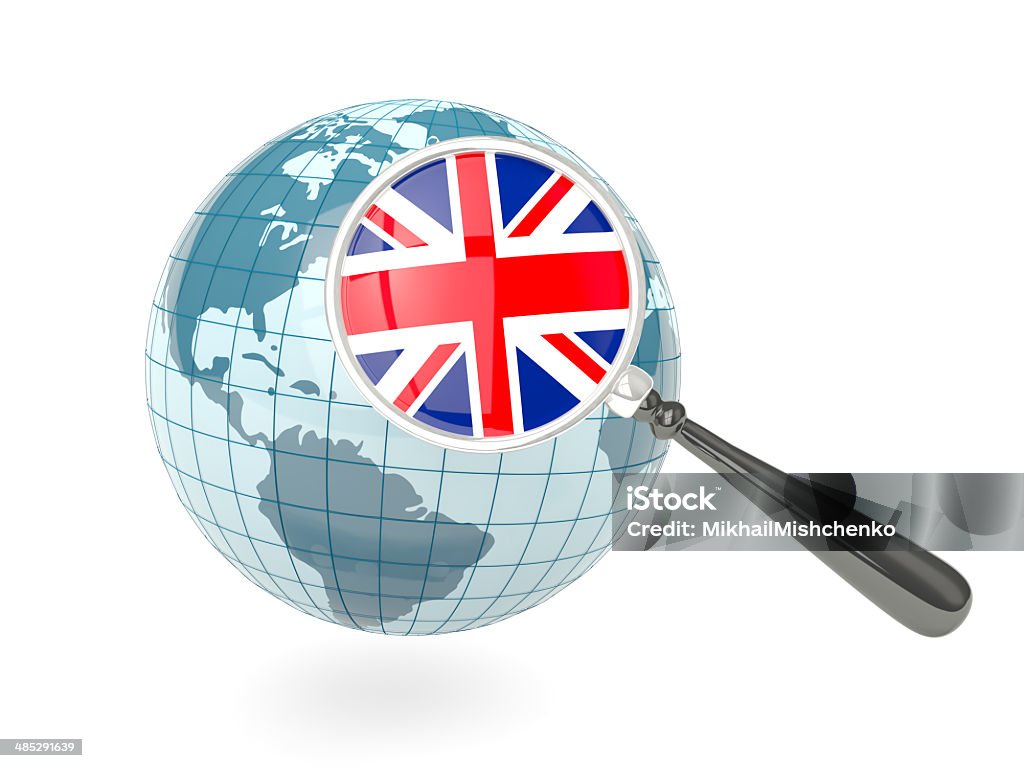 Magnified flag of united kingdom with blue globe Magnified flag of united kingdom with blue globe isolated on white Cut Out Stock Photo