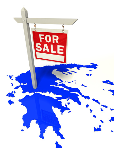 greece blue map with red sign for sale crisis concept with clipping paths