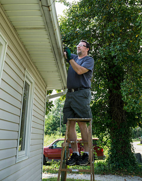 istock Worker Clearing Gutters Of Leaves & Sticks 485292736