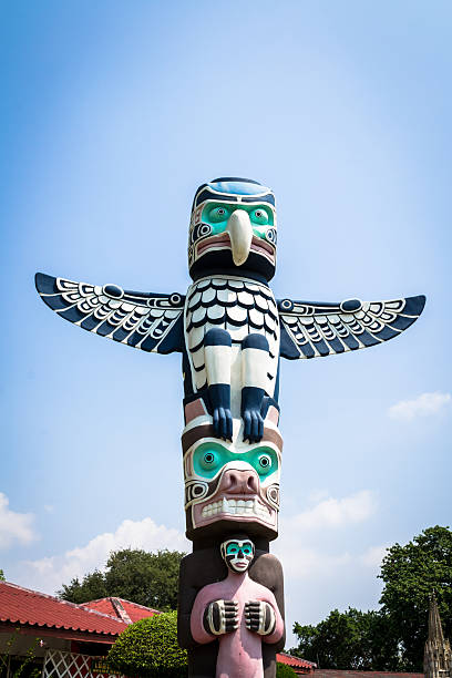 Totem pole Totem pole is symbolic monuments with sculptures carved from large trees. As part of the local culture depicted in the Iroquoian the northwest coast of North America. You can see a totem pole in Indigenous communities in Canada. and U.S. pacific northwest totem poles stock pictures, royalty-free photos & images