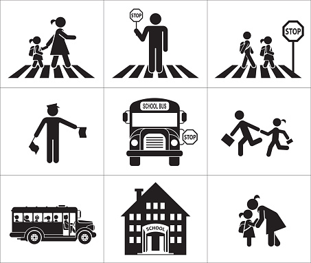 Children go to school. Pictogram icon set. Crossing the street.