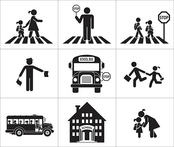 Safety of children in traffic Children go to school. Pictogram icon set. Crossing the street. crossing stock illustrations