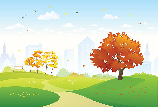 Autumn city park Vector illustration of a beautiful fall city park with bright foliage trees. RGB colors. rolling landscape stock illustrations