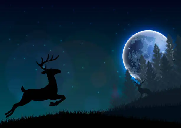 Vector illustration of Silhouette of a deer jumping on a hill at night.