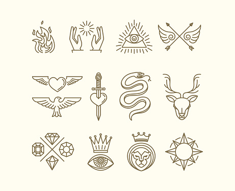 Vector set of trendy linear hipster icons and symbols - mono line tattoo graphics and design elements