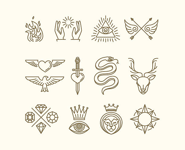 Vector tattoo set Vector set of trendy linear hipster icons and symbols - mono line tattoo graphics and design elements vintage tattoo styles stock illustrations