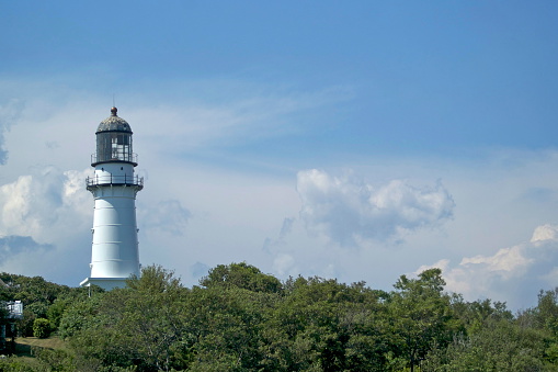 The Two Lights Lighthouse at Cape Elizabeth, Maine, on a sunny day in summer.