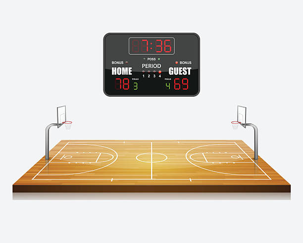 ilustrasi vektor lapangan basket 3d dengan papan skor. - court line ilustrasi stok