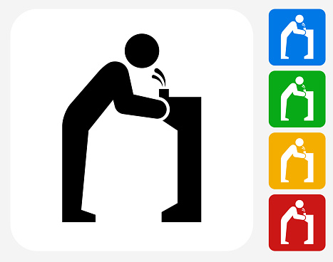 Water Fountain Icon Flat Graphic Design. This 100% royalty free vector illustration features the main icon pictured in black inside a white square. The alternative color options in blue, green, yellow and red are on the right of the icon and are arranged in a vertical column.