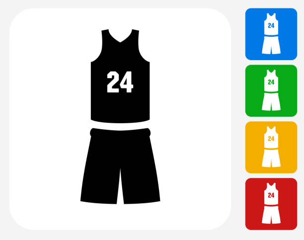 Basketball Uniform Icon Flat Graphic Design Basketball Uniform Icon Flat Graphic Design. This 100% royalty free vector illustration features the main icon pictured in black inside a white square. The alternative color options in blue, green, yellow and red are on the right of the icon and are arranged in a vertical column. basketball uniform stock illustrations