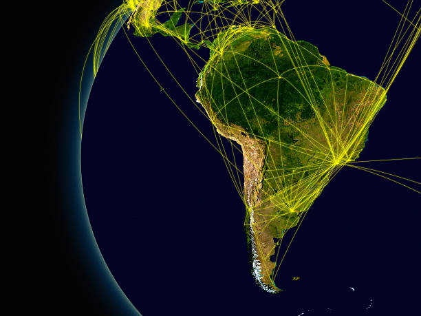 South America connections South America viewed from space with connections representing main air traffic routes. Elements of this image furnished by NASA. latin america stock pictures, royalty-free photos & images