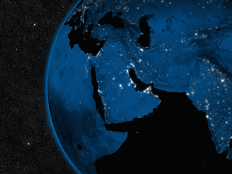 Night in Middle East region with city lights viewed from space. Elements of this image furnished by NASA.