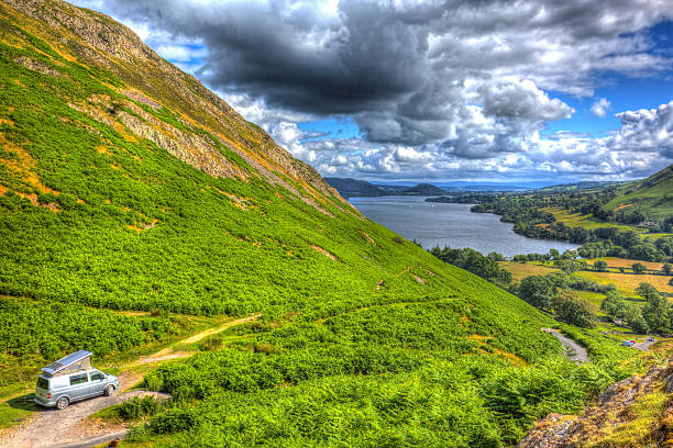 Pop top camper van The Lake District UK with view of Ullswater british countryside in HDR like painting
