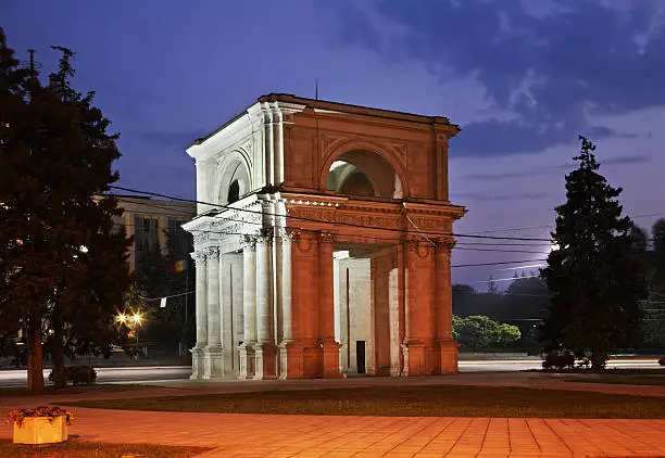 Kishinev (Chișinău). Arch of Victory at twilight. Moldova. Кишинев. Арка Победы. Молдова