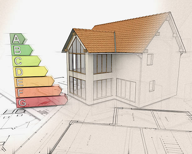 istock 3D house and energy ratings with half in sketch phase 485312068