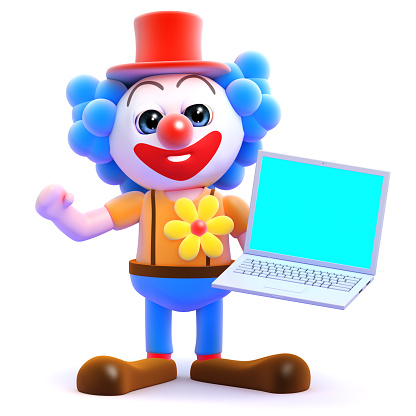 3d render of a clown holding a laptop