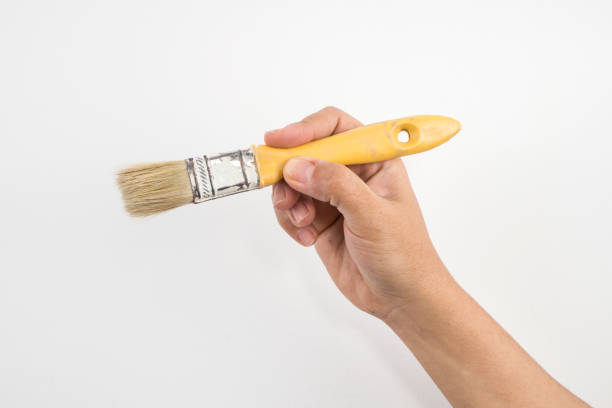 hand mit brush - brushing paint house painter human hand stock-fotos und bilder