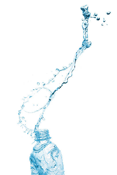 istock Blue water splash on bottle on white background 485316654