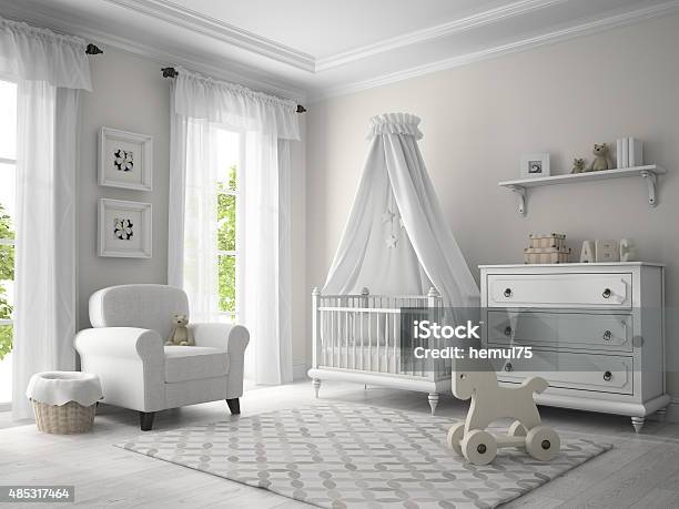 Classic Children Room White Color 3d Rendering Stock Photo - Download Image Now - Nursery - Bedroom, Crib, Domestic Room