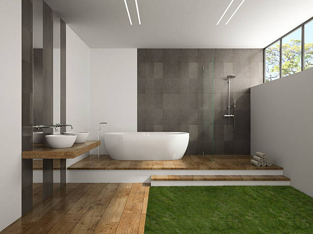 istock Interior of the bathroom with grass floor 3D rendering 485317468