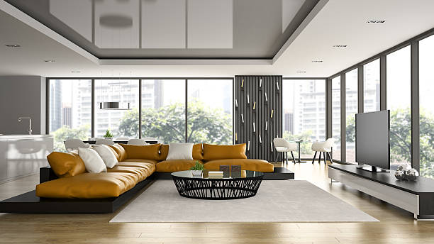 istock Interior of modern design loft with orange sofa 3D rendering 485317976