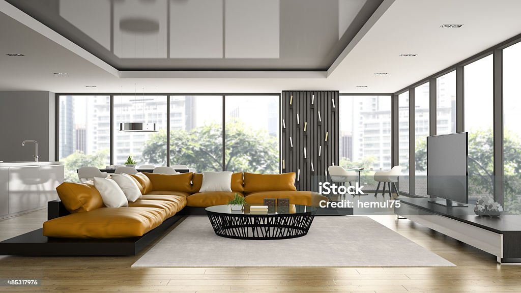 Interior of modern design loft with orange sofa 3D rendering 2015 Stock Photo