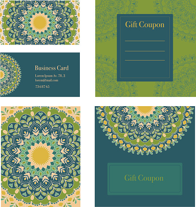 Mandala business set. Vector background. Business cards, invitation, sale coupon, gift coupon. Vintage decorative elements. Hand drawn background. Islam, arabic, indian, ottoman motifs.