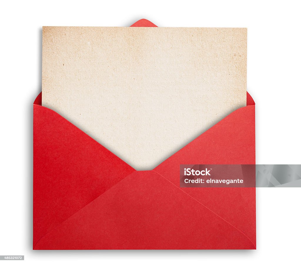 Red envelope with card. Rede envelope with old paper, isolated, clipping path. Envelope Stock Photo