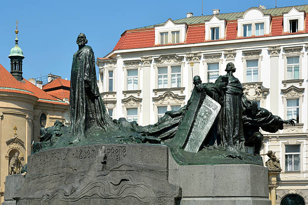 Prague, Czech Republic - July 07, 2015: Jan Hus Memorial at the Old Town Square of Prague in the Czech Republic. 