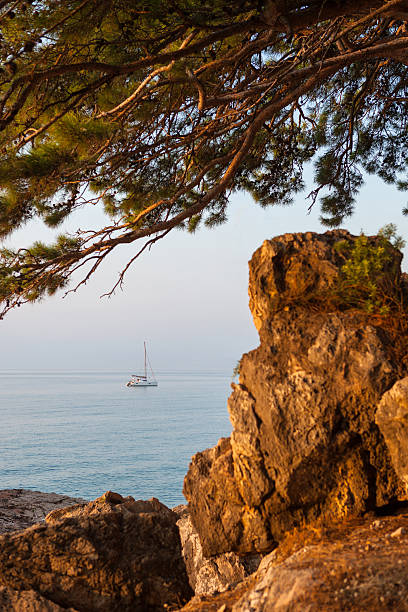 View catamaran sailing on the sea through the rocks stock photo