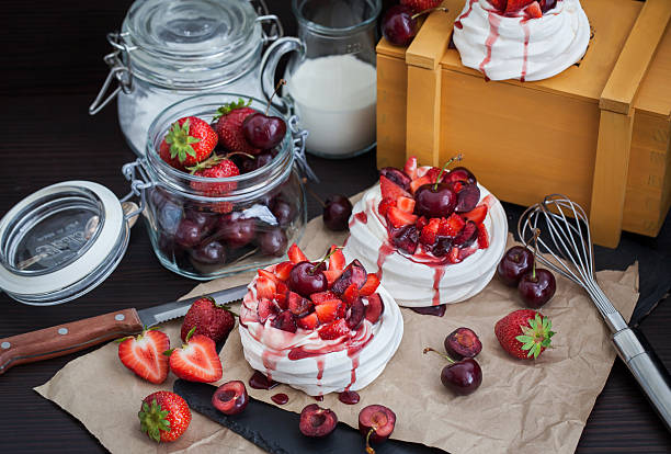 istock Pavlova meringue cake with fresh strawberry and cherry 485327494