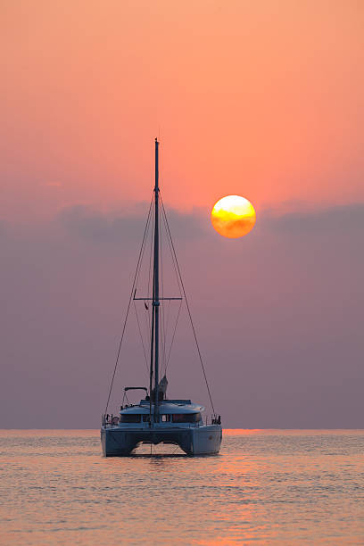 Sailing catamaran on background of beautiful sunrise in the ocean stock photo