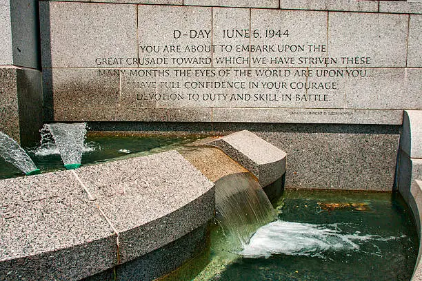 Detail of fountain and President Eisenhower's quote.  World War II monument, Washington, D.C.