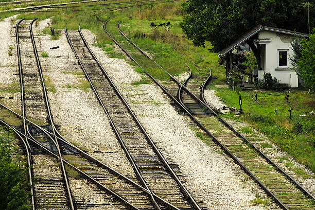 istock railroad tracks next to railroad station 485331832
