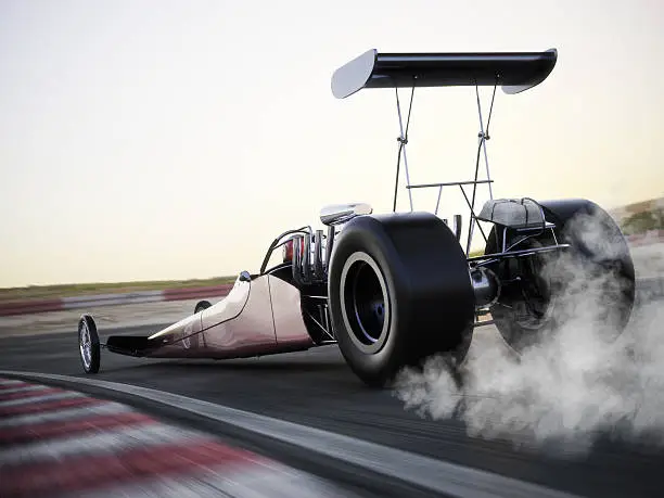 Dragster racing down the track with burnout. Photo realistic 3d model scene with room for text or copy space