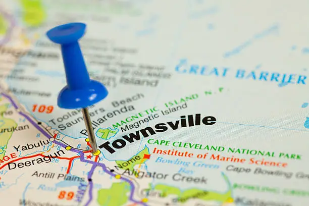 Townsville, Queensland located by a blue push pin on a map