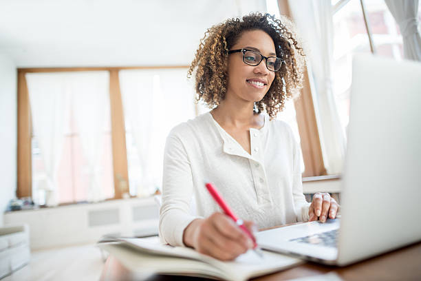 istock Young business woman working at home 485337116