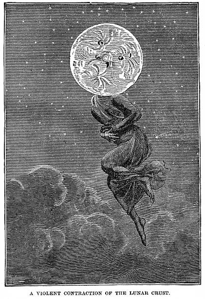 Violent Contraction of the Lunar Crust Woodcut engraving titled A Violent Contraction of the Lunar Crust from Around the Moon by Jules Verne. 1889 reprint by A L Burt with woodcut copied from original French publication by Senior Engraving Company, Chicago. moon surface illustrations stock illustrations