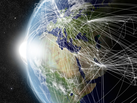 Europe, Middle East and Africa region with network representing major air traffic routes. Elements of this image furnished by NASA.