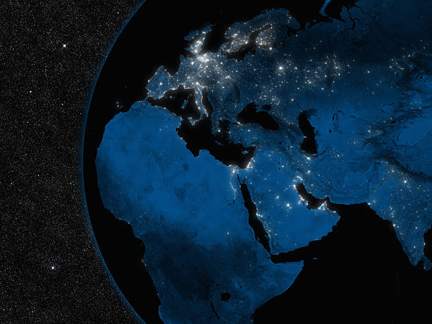 Night in EMEA region Night in Europe, Middle East and Africa region with city lights viewed from space. Elements of this image furnished by NASA. middle east stock pictures, royalty-free photos & images