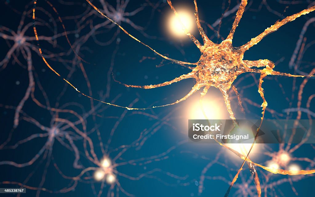 Active Neuron cells, synapse network Glowing synapse in human neural system network. Full CGI showing active neuron cells. Neurotransmitter Stock Photo