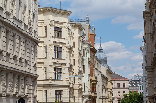 Vienna, Austria - July 30, 2015: The outside of buildings in Vienna, showing the style of the buildings.