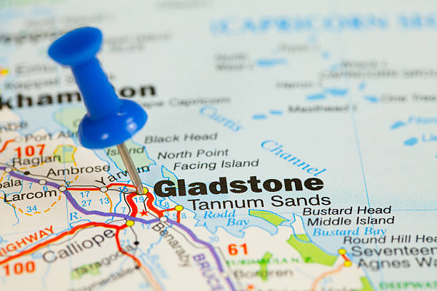 Gladstone Gladstone, Queensland located with a blue push pin on a map. Studio shot. No people. gladstone michigan photos stock pictures, royalty-free photos & images