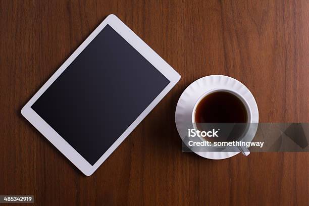 White Screen Digital Tablet On Business Desk Stock Photo - Download Image Now - Blank, Business, Coffee - Drink