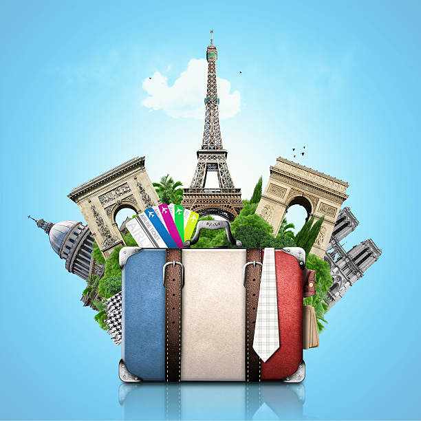France and attractions of Paris, retro suitcase, travel